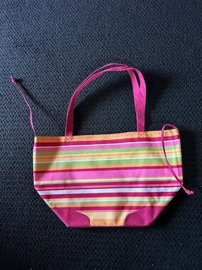 Nylon Striped Tote Bag with Fun Words Interior